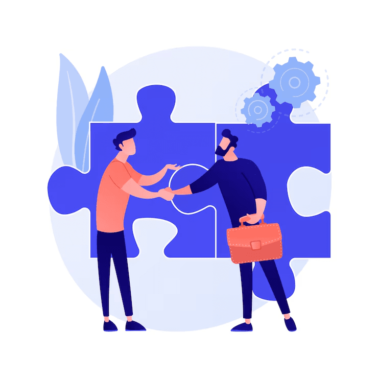 Two people shaking hands in front of puzzle pieces, representing collaboration